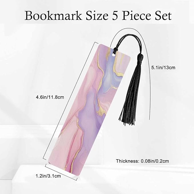 Pink Marble Bookmarks Set 5 with Tassels Purple Golden Wooden Bookmarks for Reading Women Men Students Teachers School Supplies