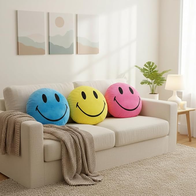 Smiley Face Pillow - Cute Plush for Fun Bedroom Decor - 16" X 16" Soft Cotton Cool Kids' Throw Pillows with Inserts Included - Birthday Gift - Room Decor Aesthetic for Bedroom. (Blue)