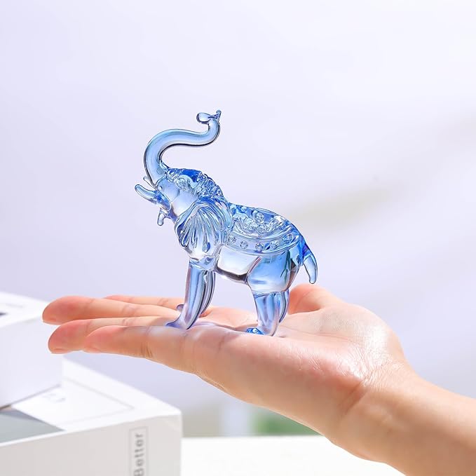 Crystal Elephant Figurine, Glass Statue Gifts, Crystal Animals Collectible Tabletop Decoration Elephant Sculpture with Trunk Up (Blue)