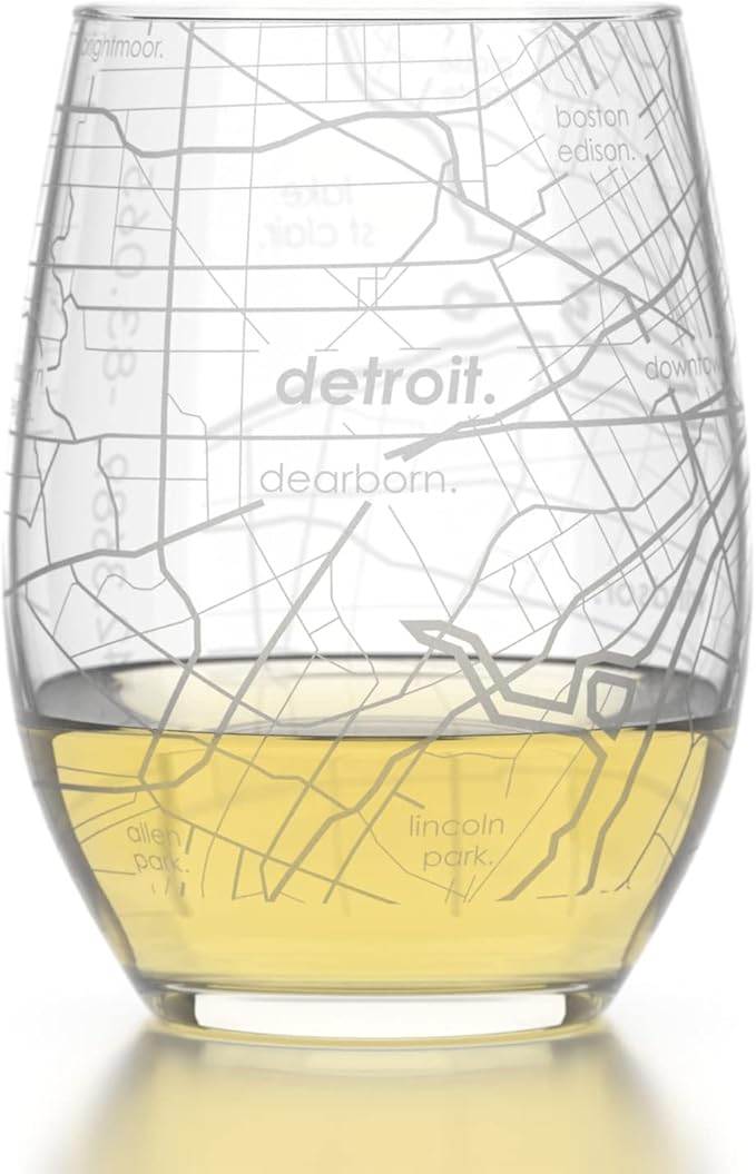 Well Told Engraved Detroit Michigan Map Stemless Wine Glass, Etched Glass (15 oz, Clear) City Custom Gifts for Lovers