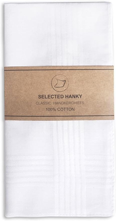 Selected Hanky Men's Handkerchiefs,100% Soft Cotton,White Classic Hankie Pack of 12