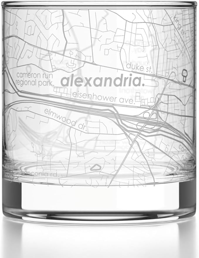 Well Told Engraved Alexandria Virginia Map Rocks Glass, Old Fashioned Glassware (11 oz, Clear) Etched Bourbon Tumbler, Gifts For Whiskey Lovers