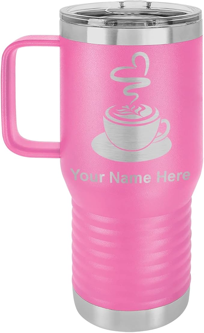 LaserGram 20oz Vacuum Insulated Travel Mug with Handle, Cup of Coffee, Personalized Engraving Included (Pink)