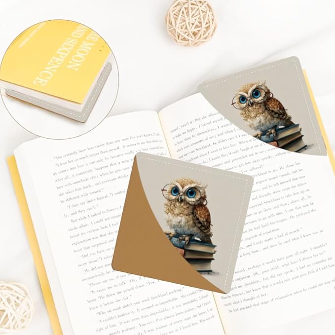 2PCS Leather Bookmarks 3.54 x 3.54 Inch Cute Owl with Glasses on Books Design Reading Accessories for Books Journals Bibles Travel Diary Students Teachers and Book Lovers Gift