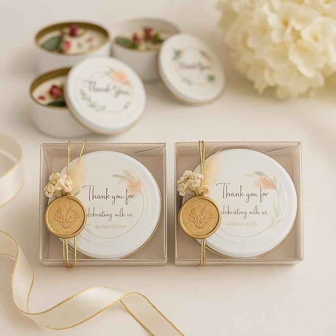 Wedding Candle Favor Set with Gift Box – Personalized Soy Wax Candles with Gold Seal & Gold String, Dried Flowers