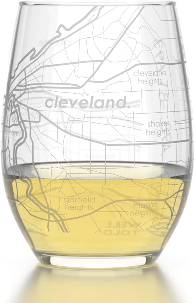 Well Told Engraved Cleveland Ohio Map Stemless Wine Glass, Etched Glass (15 oz, Clear) City Custom Gifts for Lovers