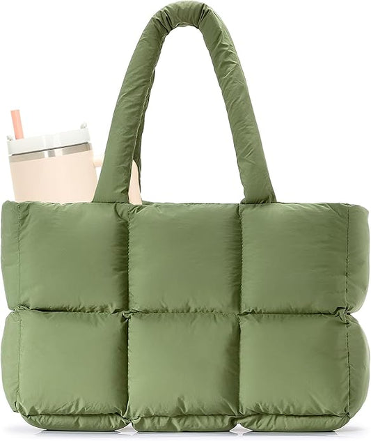Herald Puffer Tote Bag for Women, Large Quilted Puffy Handbag Lightweight Satchel Purse with Cup Holder & Compartment