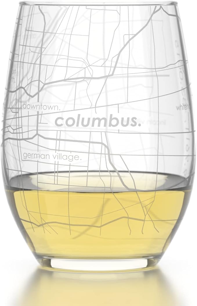 Well Told Engraved Columbus Ohio Map Stemless Wine Glass, Etched Glass (15 oz, Clear) City Custom Gifts for Lovers