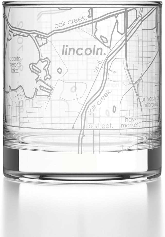 Well Told Engraved Lincoln Nebraska Map Rocks Glass, Old Fashioned Glassware (11 oz, Clear) Etched Bourbon Tumbler, Gifts For Whiskey Lovers