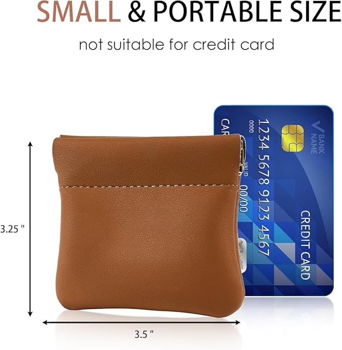 Squeeze Coin Purse Genuine Leather Wallet Compact Change Holder Travel Pouch for Women Gift Box (Brown)