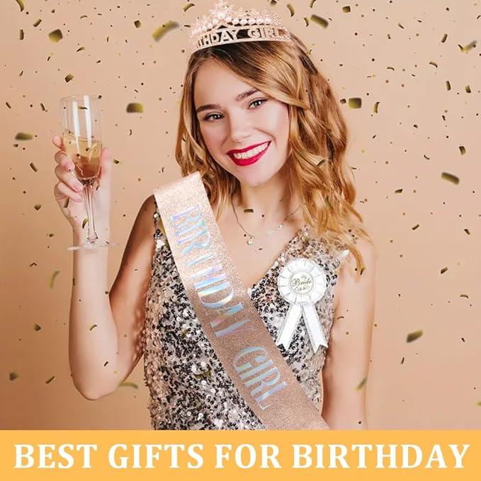 Rose Gold Birthday Girl Crown and Sash Pearl Birthday Tiara Rose Gold Birthday Decorations Set, Princess Crown Tiara for Women and Girls