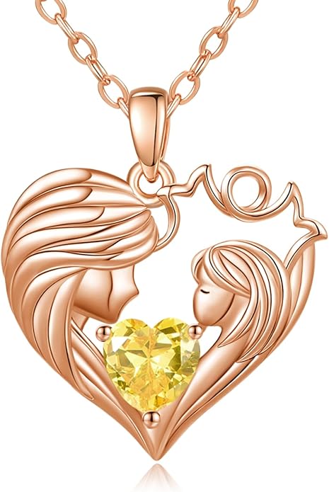 Mother and Daughter/Son Love Heart Necklace White Gold/14K Gold/Rose Gold Birthstone Jewelry Christmas Mothers Day Birthday Gifts For Mom Wife Grandma Women