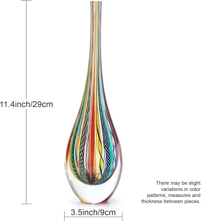 Ca D Oro Small Drop Glass Vase Boho with Colored Canes Hand Blown Murano-Style Art Glass - Model Tall