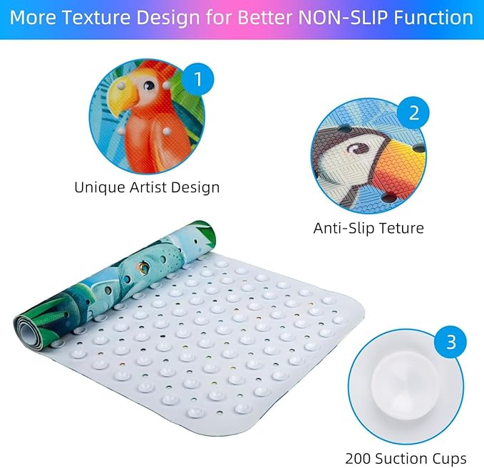 Reetual Cartoon Baby Bath Mat – Non Slip Kids Bathtub Mat for Toddlers, 40" x 16", Suction Cups & Drain Holes, Machine Washable (Jungle)