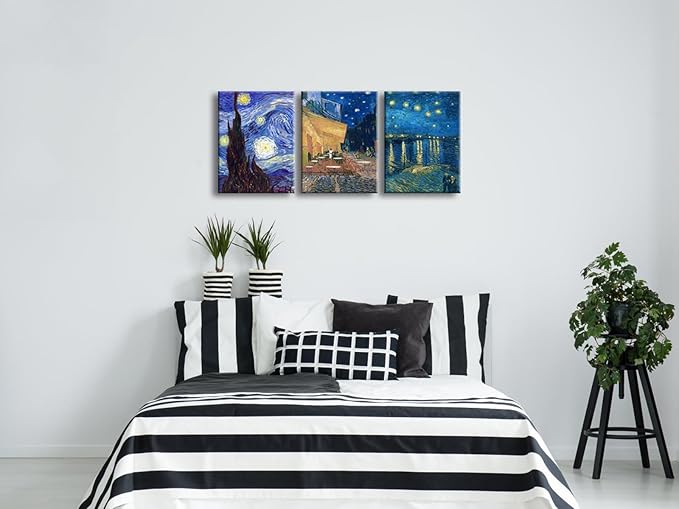 Wieco Art 3 Panels Canvas Prints of Vincent Van Gogh Paintings Reproduction Starry Night Over the Rhone Cafe Terrace at Night Canvas Wall Art for Living Room Home Office Decor