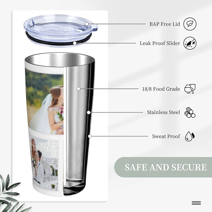 Personalized tumbler Coffee Mug with Lid and Straw Custom Hot Cold Stainless Steel Vacuum Insulated Travel Photo Gift（ Funnel-6 photos）, 20 oz