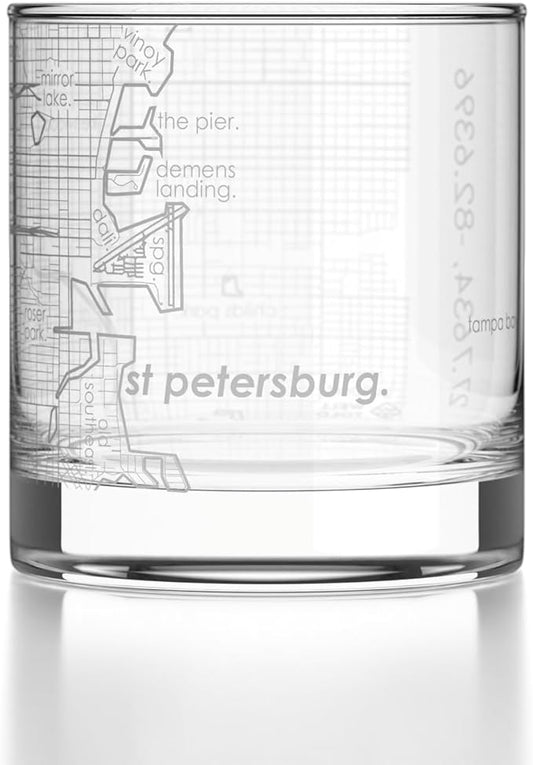 Well Told Engraved St. Petersburg Florida Map Rocks Glass, Old Fashioned Glassware (11 oz, Clear) Etched Bourbon Tumbler, Gifts For Whiskey Lovers