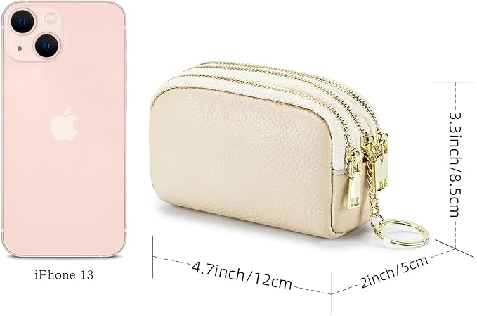 LINNO 3 Zippered Genuine Leather Coin Purse Triple Capacity Change Pouch Little Travel Wallet With Key Ring for Women