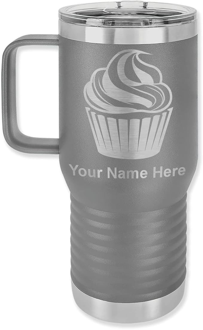 20oz Vacuum Insulated Travel Mug with Handle, Cup Cake, Personalized Engraving Included (Gray)