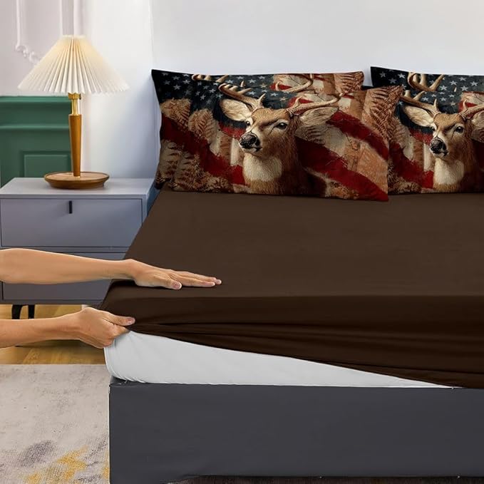 5PCS Deer Comforter Sets Full,Boys Camo Bedding Full,American Flag Comforter,Camo Bed Set for Boys,Adults,Teens