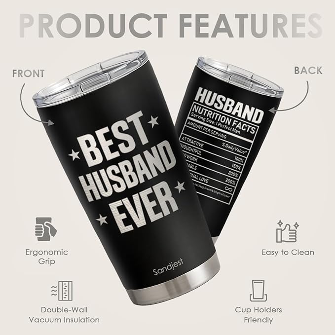 SANDJEST Husbands Tumbler 20oz, Stainless Steel Travel Cup with Lid, Best Husband Ever Insulated Coffee Mug, Husband Gifts for Men Boyfriends on Birthday Christmas Valentine
