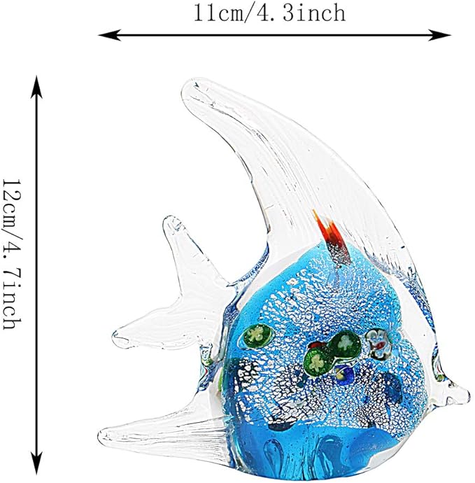 Hophen Angel Fish Art Glass Blown Handmade Sea Animal Figurine Sculpture Home Decor Collectible Statue Paper Weight Gift Ornament (Small Blue)