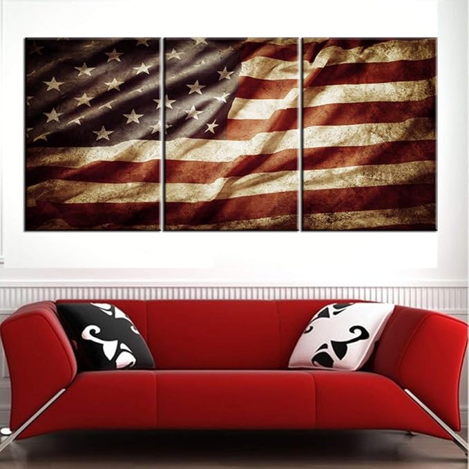 Native America Pictures Wall Decor Retro USA Flags Paintings for Living Room White Stars Grunge Wall Art on Canvas Freedom Symbol Artwork Home Decor Giclee Framed Stretched Ready to Hang(48''Wx24''H)
