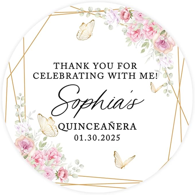 Andaz Press 40-Pack Personalized 2" Round Circle Quinceañera Labels Butterflies & Florals Custom Thank You for Celebrating with Me Sticker Labels for Quince 15th Birthday Favors, Decorations
