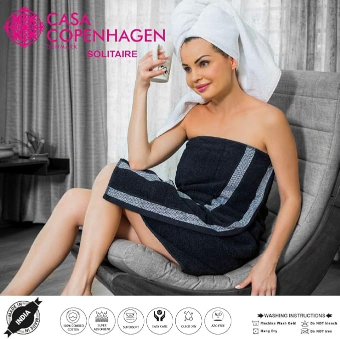 CASA COPENHAGEN Solitaire 6 Pieces Towel Set- Navy Blue, 600 GSM 2 Bath Towel 2 Hand Towel 2 Washcloth, Designed in Denmark Made of Soft Egyptian Cotton for Bathroom, Kitchen & Shower
