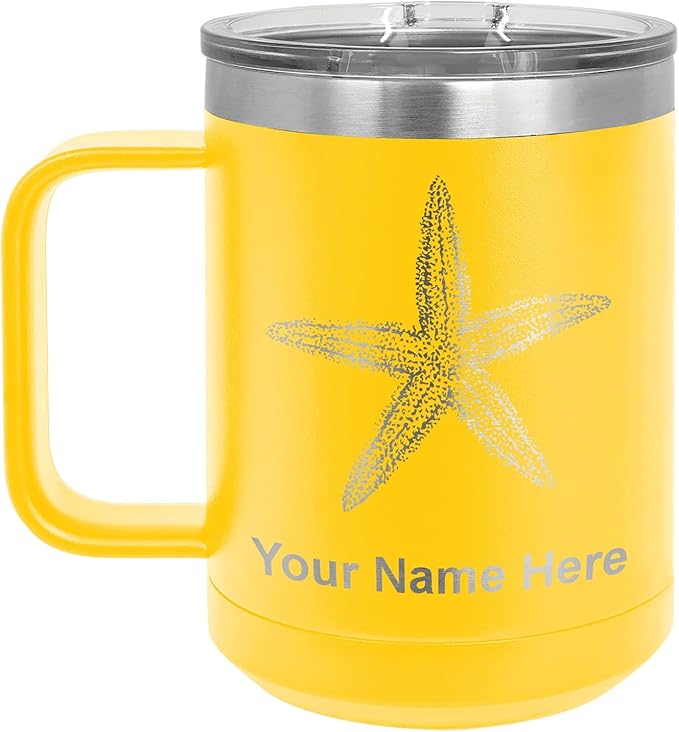 LaserGram 15oz Vacuum Insulated Coffee Mug, Starfish, Personalized Engraving Included (Yellow)