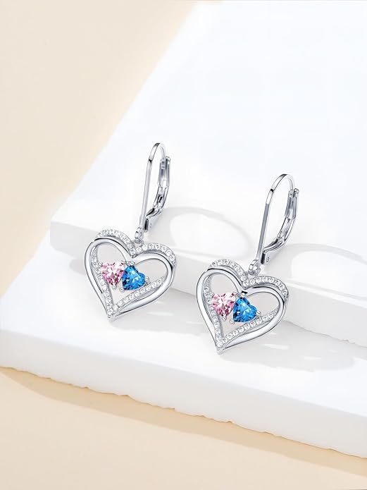 Heart Leverback Earrings Double Birthstone Dangle Earrings for Women, Love Jewelry for Her, Christmas Gifts for Women, Anniversary Birthday Gift for Mom Wife Girlfriend