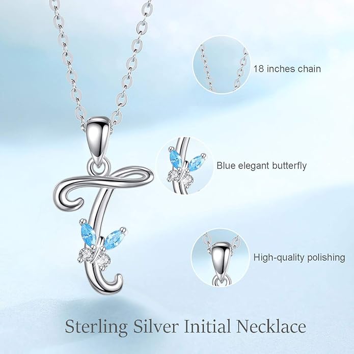 EUDORA Sterling Silver Butterfly Initial Necklaces for Women, Elegant Letter Neckles Personalized Gift for Mother, Sister, Daughter, 18 inch Chai