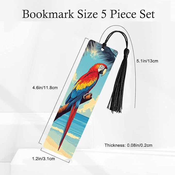 Parrot Bookmarks 5 Pcs with Tassels Bird Palm Summer Beach Wooden Bookmarks for Reading Women Students Teacher Reader