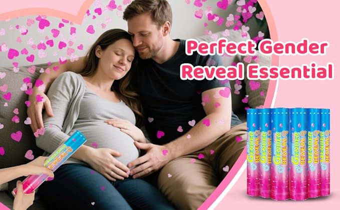 Gender Reveal Confetti Cannons – 6 Pack Pink Party Poppers – Baby Girl Gender Reveal Cannon Kit with Heart-Shaped Confetti – Easy Twist Shooters for Baby Reveal Party Decorations (Pink)