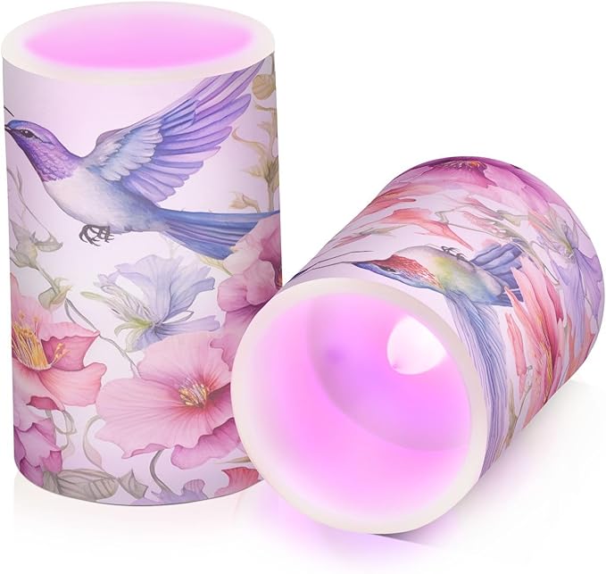 ALAZA Spring Hummingbird Flowers Flickering Flameless Candles Battery Operated with Remote Timer,Tea Light Candles LED Pillar Votive Candles Set of 2 for Outdoor Indoor Decorations