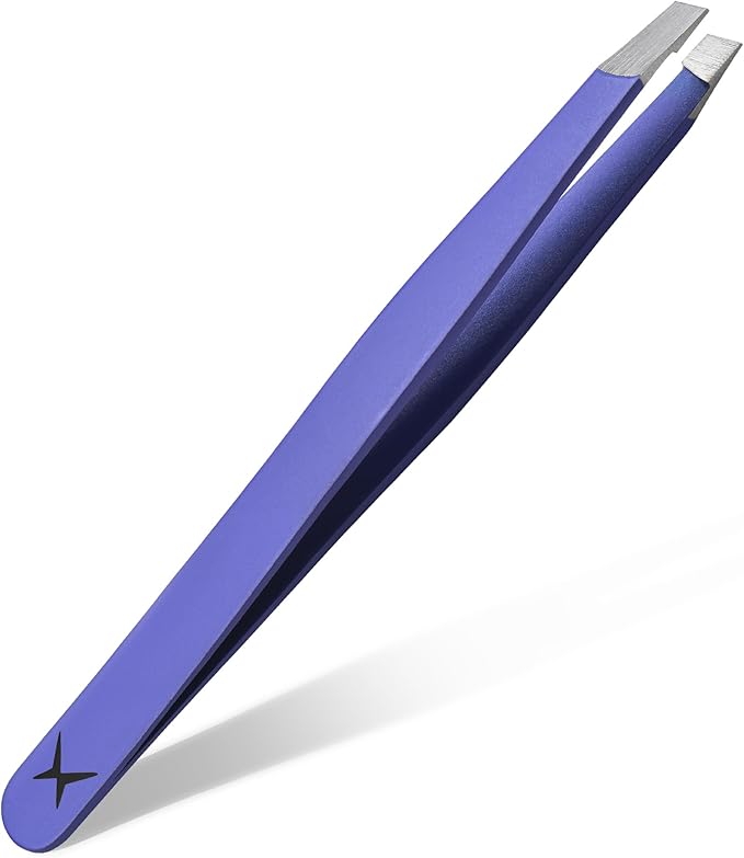 Slanted Stainless Steel Tweezers for Men & Women - Precision Eyebrow Tweezers for Facial Hairs, Strong Grip, Fine Tip, Professional Tweezer for Plucking & Grooming (Purple)