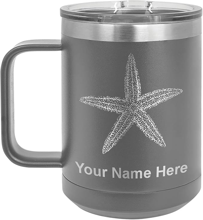 LaserGram 15oz Vacuum Insulated Coffee Mug, Starfish, Personalized Engraving Included (Gray)