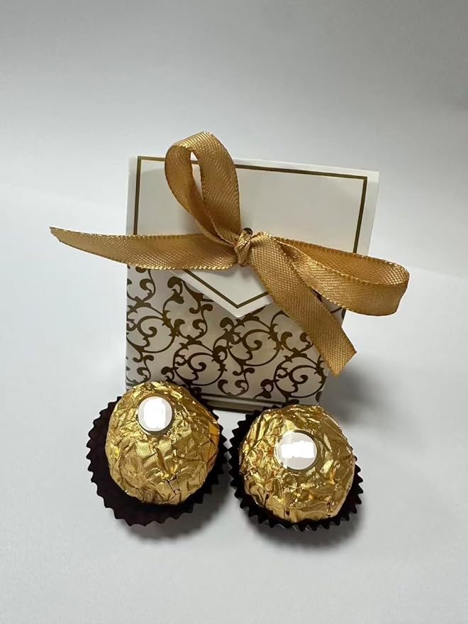 KUPOO 50PCS Candy Boxes,Gold Ribbon Wedding Favor Boxes Candy Bag Cake Box for Wedding Party Decoration Easter (gold)
