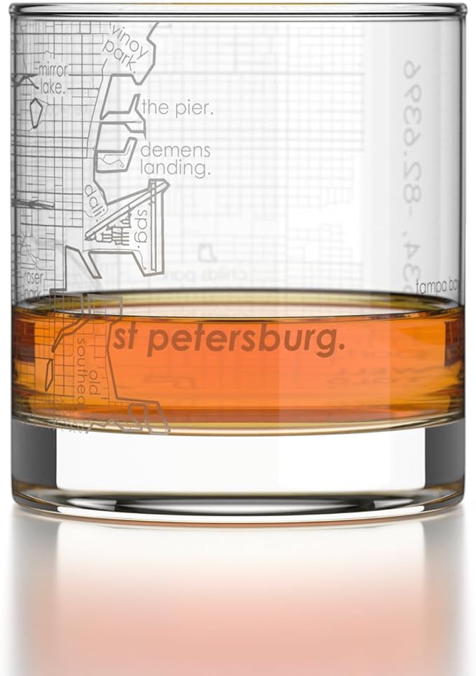 Well Told Engraved St. Petersburg Florida Map Rocks Glass, Old Fashioned Glassware (11 oz, Clear) Etched Bourbon Tumbler, Gifts For Whiskey Lovers
