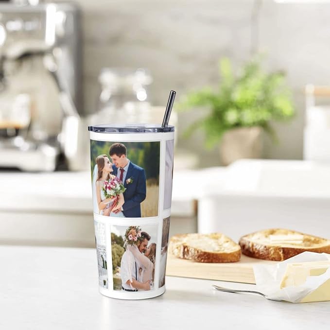 Personalized tumbler Coffee Mug with Lid and Straw Custom Hot Cold Stainless Steel Vacuum Insulated Travel Photo Gift（ Funnel-6 photos）, 20 oz
