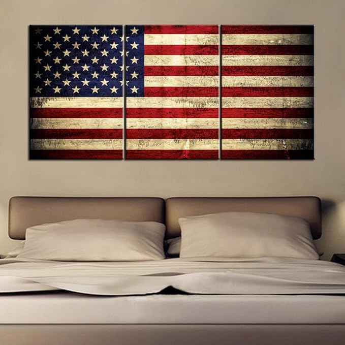 Native American Decor USA Flags Pictures Patriotic Paintings Stars Stripes Artwork 3 Pieces Red Canvas Wall Art for Home Posters and Prints Framed Stretched Ready to Hang in Living Room(48''Wx24''H)