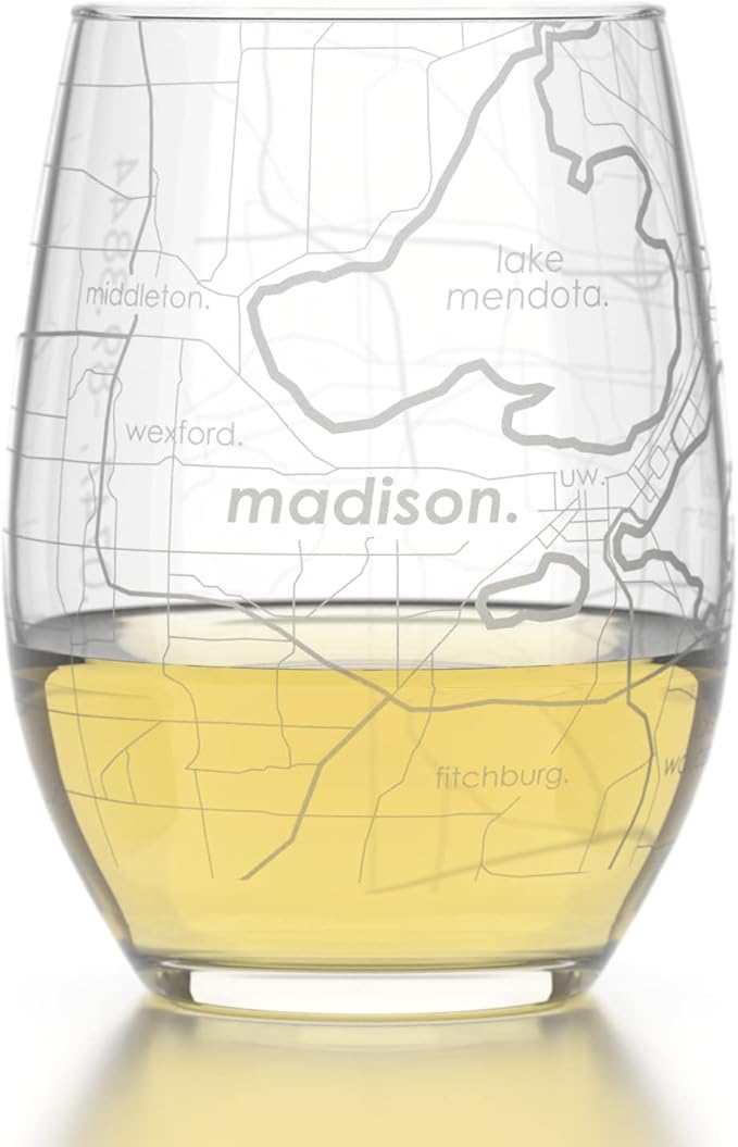 Well Told Engraved Madison Wisconsin Map Stemless Wine Glass, Etched Glass (15 oz, Clear) City Custom Gifts for Lovers