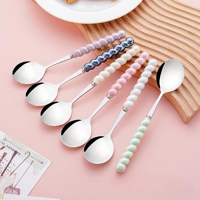 (6 Pieces) 7.48 Inch Exquisite Ceramic Spoon Household Stainless Steel Eating and Drinking Soup Spoon Coffee Spoon Tea Spoon (Purple)