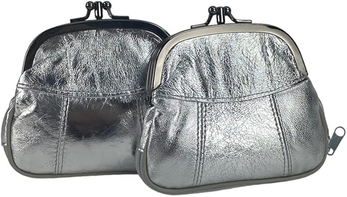 Leather Impressions Double Coin Purse for Women - Genuine Leather Coin Purse with Twist Clasp, 1 zipper pocket, 2 pack lightweight - Timeless clean stitched Small Coin Purse (Silver)