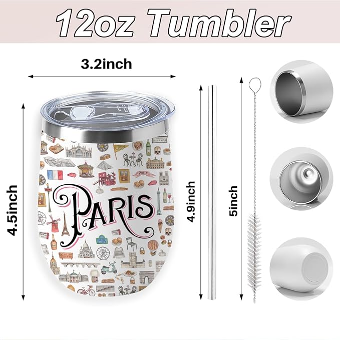 France Paris Travel Souvenir Wine Tumbler 12 oz Insulated Wine Glass Cup with Lid Straw Vacuum Insulated Travel Cup,Travel Weekender Gifts for Women Men Bestie Sister Girl Camping Christmas Birthday