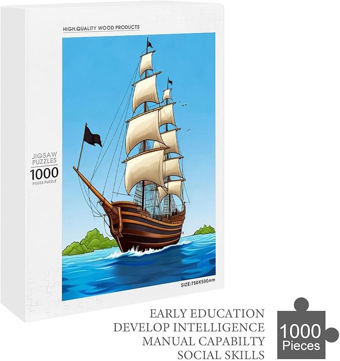 Puzzles for Adults 1000 Pieces Wooden Jigsaw Puzzle - Sail Ship Pirate Sea Island Theme Puzzle，Party Games，Family Toys，Educational Puzzles，Stress Relief Wooden Puzzle，Gifts for Family and Friends