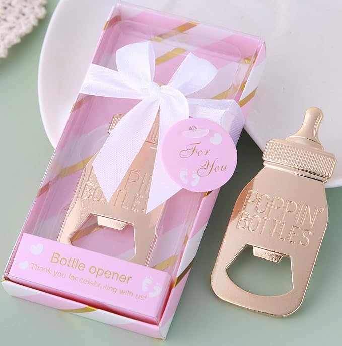 24 Pack Baby Shower Favors Bottle Opener Baby Shower Souvenirs Poppin Bottle Baby Birthday Party Giveaways,Baby Shower/Gender Reveal Party Supplies Decoration Gift (Pink, 24)