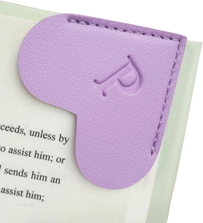 MOTEERLLU Personalized Leather Heart Bookmark with Initials, Handmade, Letter Cute Custom Corner Book Marks for Reading Women, Teachers, Students, Book Lovers, Book Accessories(Purple,P)