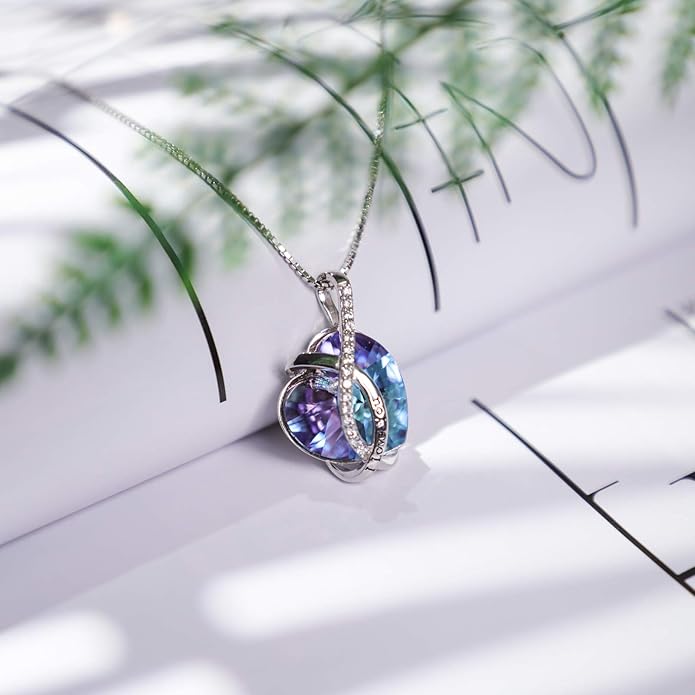 AOBOCO I Love You Sterling Silver 12 Birthstone Heart Pendant Necklace Embellished with Crystals from Austria, Mother's Day Anniversary Birthday Jewelry Christmas Gifts for Women Grandma Nana