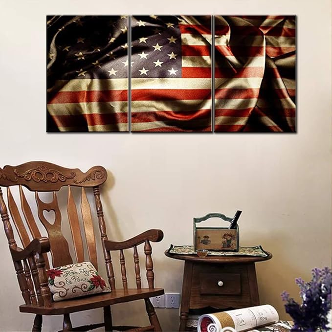 Native American Flag Pictures for Living Room Stars Stripes Artwork Red Retro Paintings 3 Panel Prints Wall Art on Canvas Contemporary House Decor Giclee Framed Stretched Ready to Hang(42''Wx20''H)